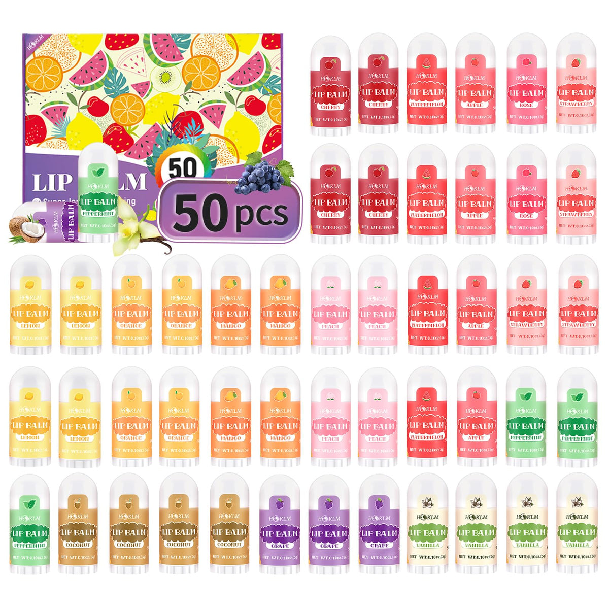 Bálsamo labial HCKLM 50 unidades con sabores variados para hidratación diaria.