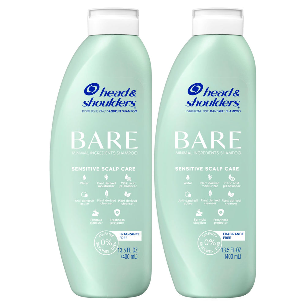 Head & Shoulders BARE bottle close-up highlighting the 8-ingredient formula for sensitive scalp care