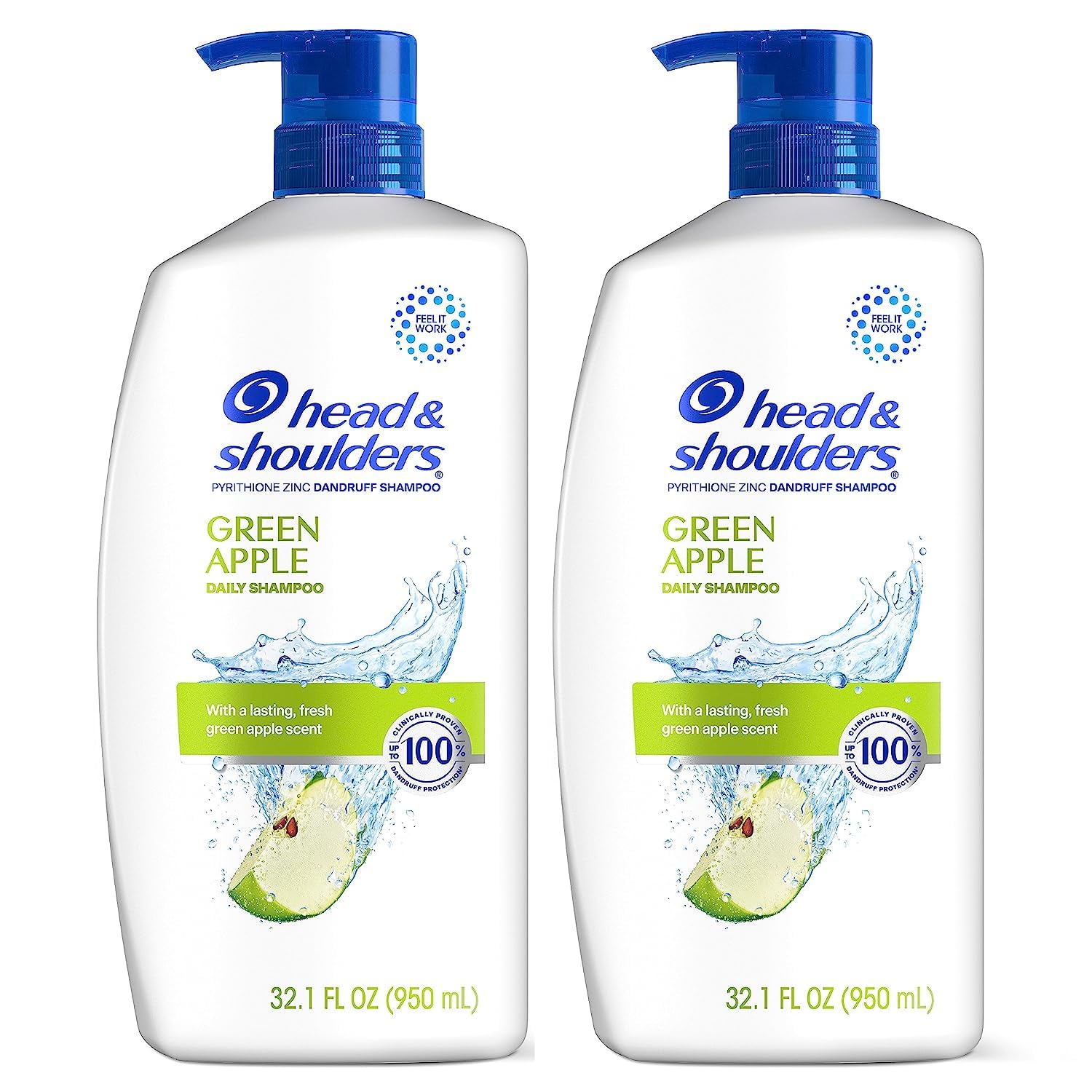 Head & Shoulders Green Apple shampoo bottle with 1% pyrithione zinc for dandruff protection.