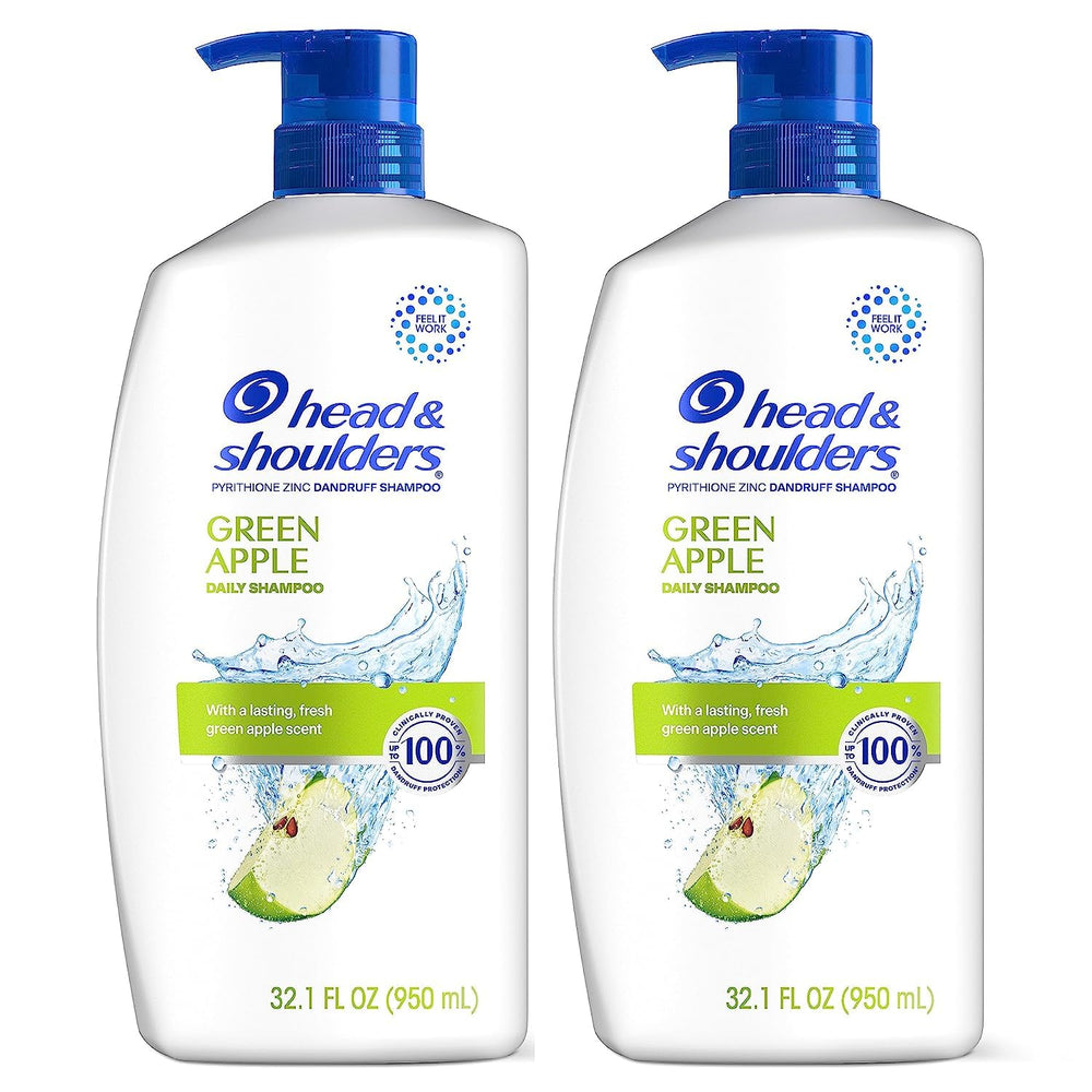 Head & Shoulders Green Apple shampoo bottle with 1% pyrithione zinc for dandruff protection.