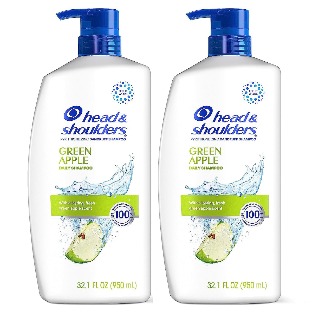 Head & Shoulders Green Apple shampoo bottle with 1% pyrithione zinc for dandruff protection.