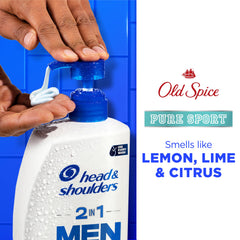 Head and Shoulders Old Spice Pure Sport 2-in-1 label close-up, fragrance details visible.