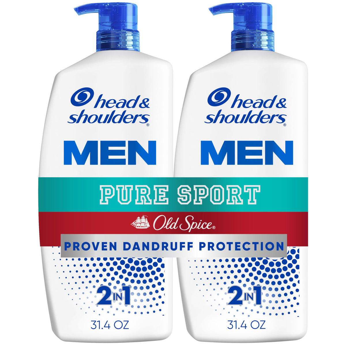 Head and Shoulders Old Spice Pure Sport 2-in-1 bottles front, showing refreshing lemon-lime scent.