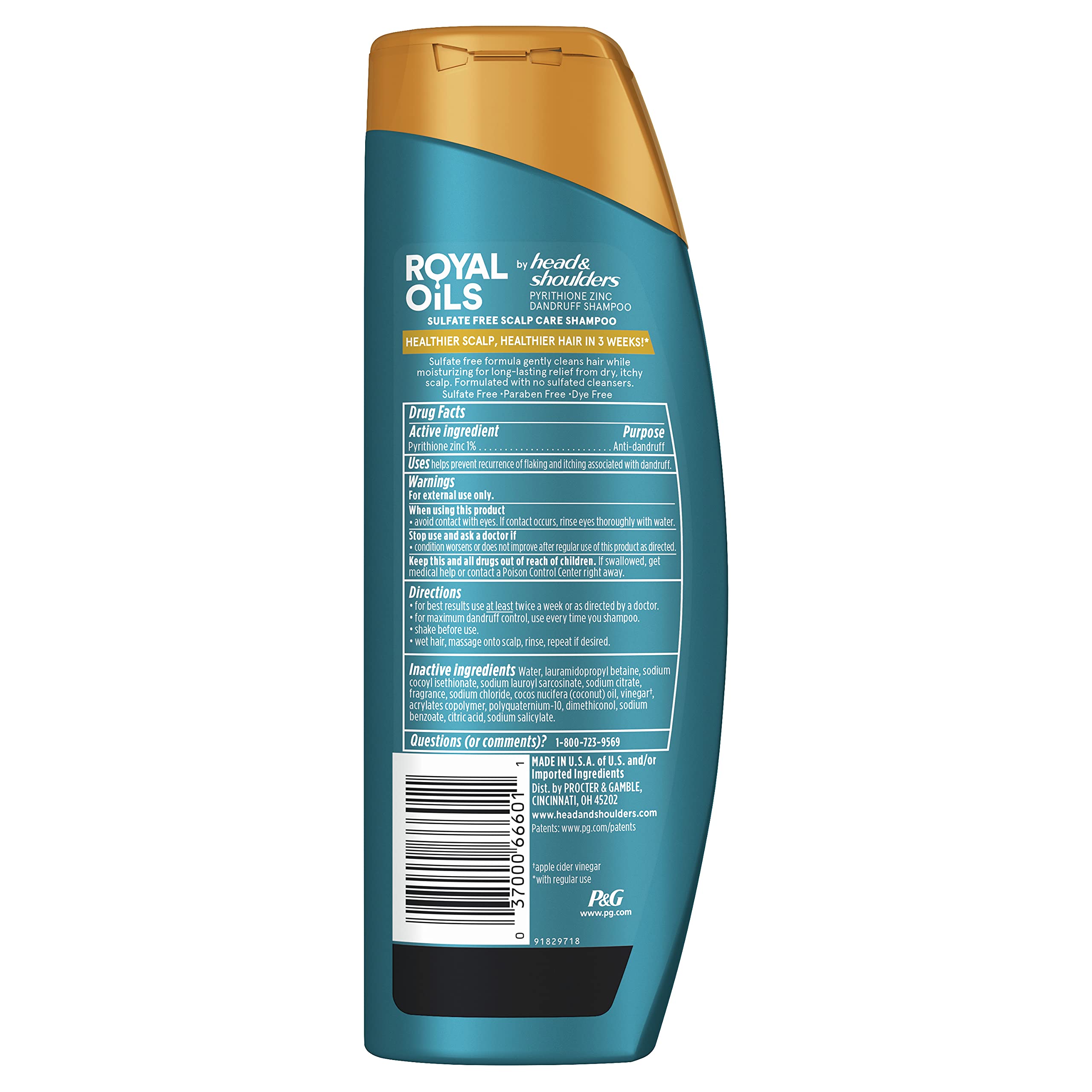 Head & Shoulders Royal Oils sulfate-free label close-up, indicating gentle care.