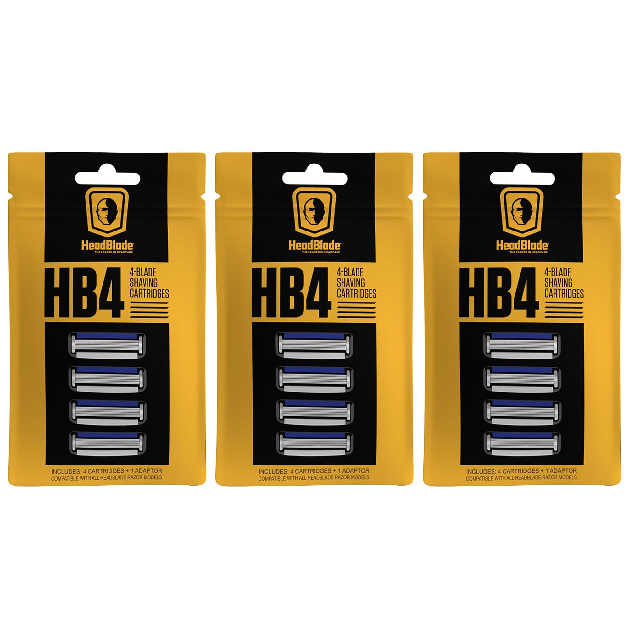 HeadBlade HB4 four-blade cartridge close-up showing smooth, tug-free shaving action.