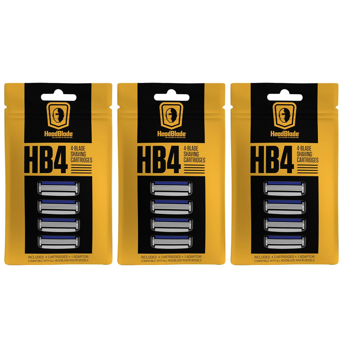 HeadBlade HB4 four-blade cartridge close-up showing smooth, tug-free shaving action.