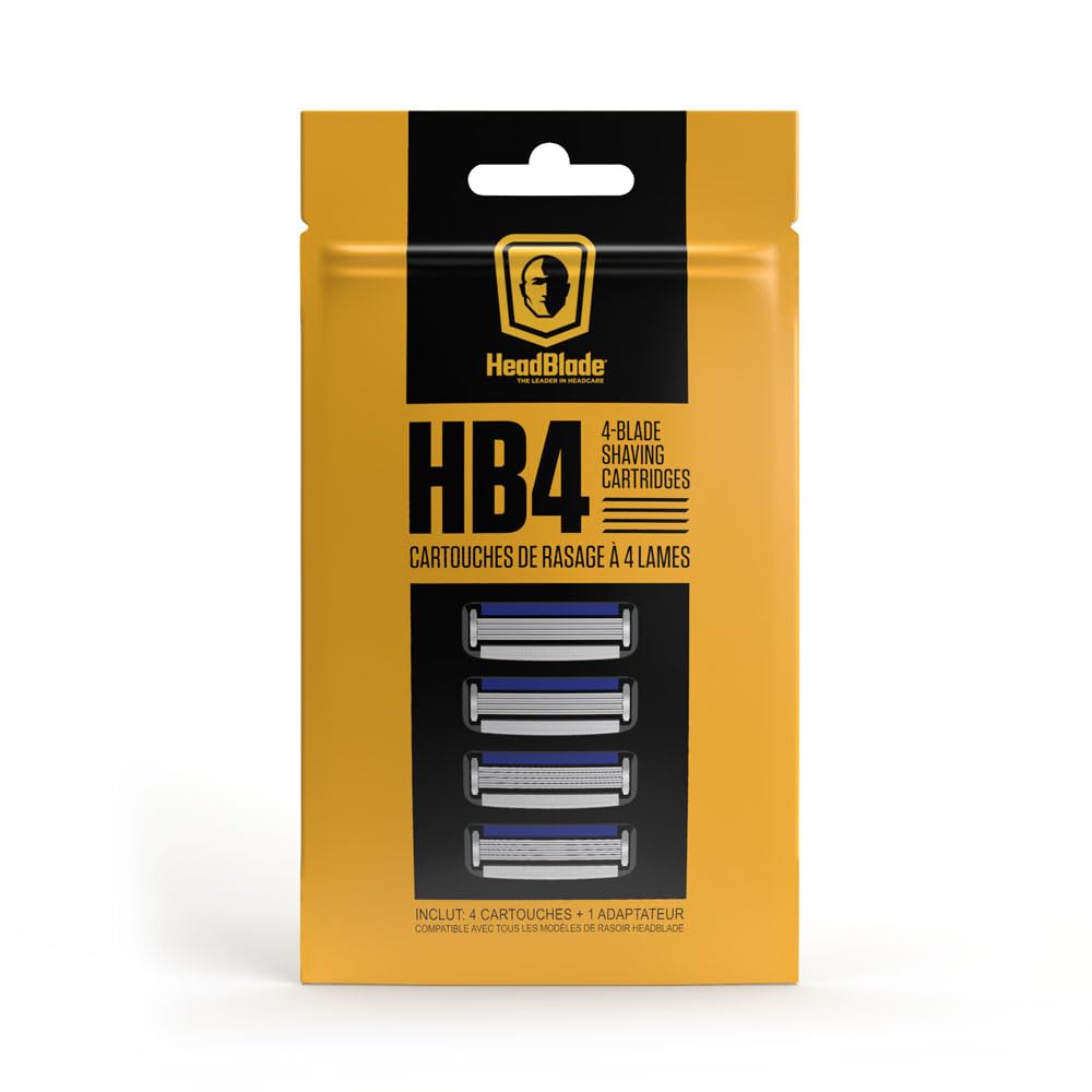 HeadBlade HB4 refill blades pack close-up with four stainless blades for a smooth shave.
