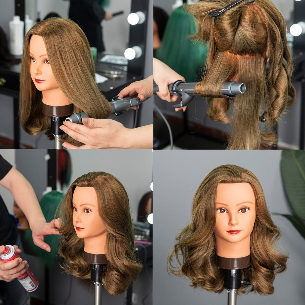 Headwinn brown hair mannequin head with clamp stand for stable display and work.