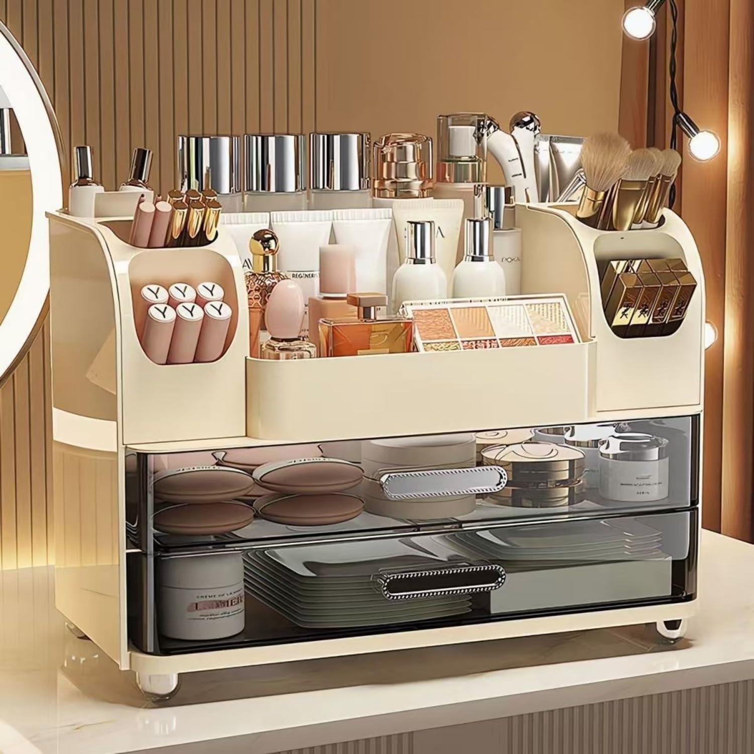 Heaime cosmetic storage top compartment provides easy access to tall bottles.