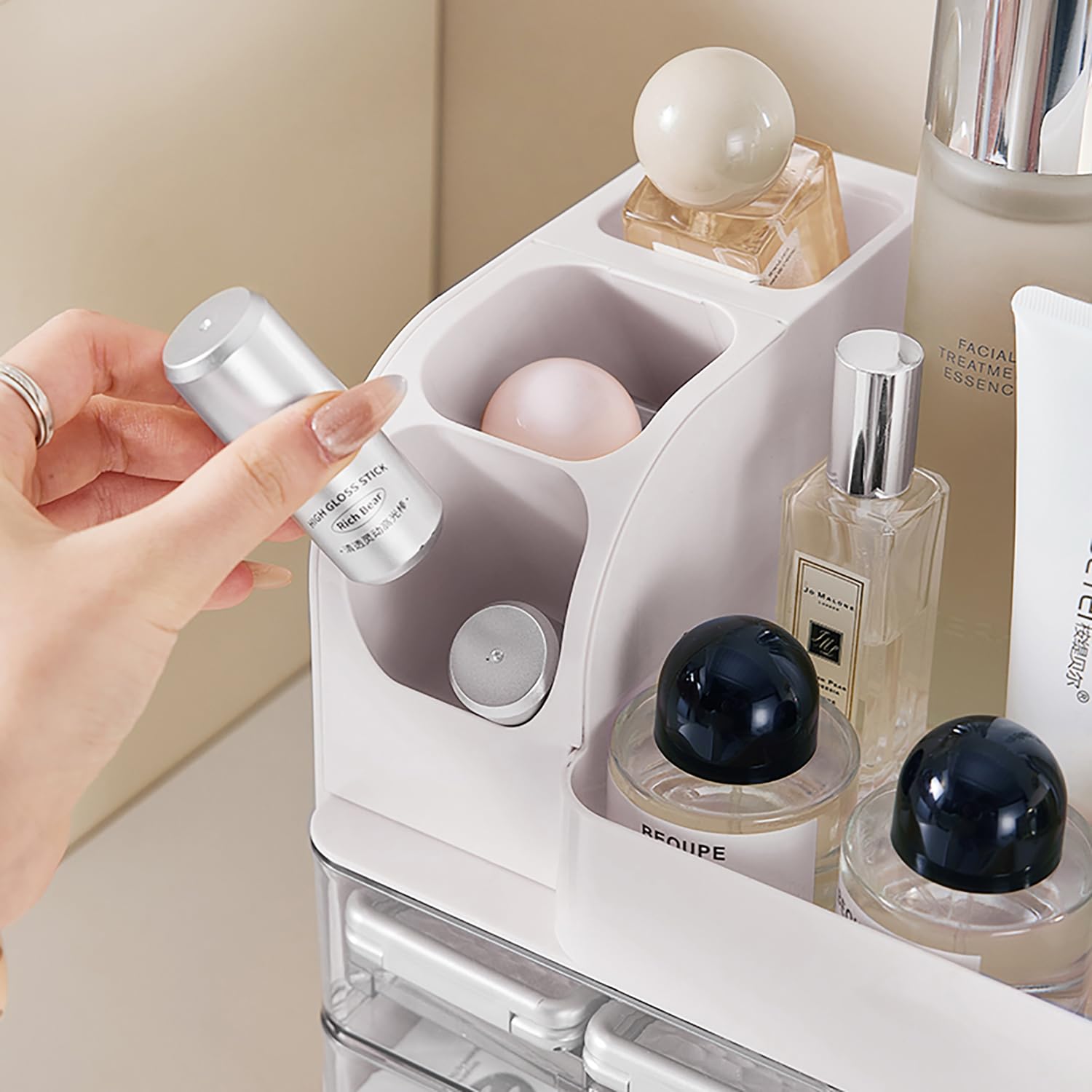 Heaime elegant white cosmetic display case enhances vanity decor