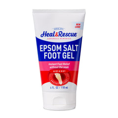 Heal&Rescue gel de pies con sal de Epsom, frente del frasco para alivio inmediato