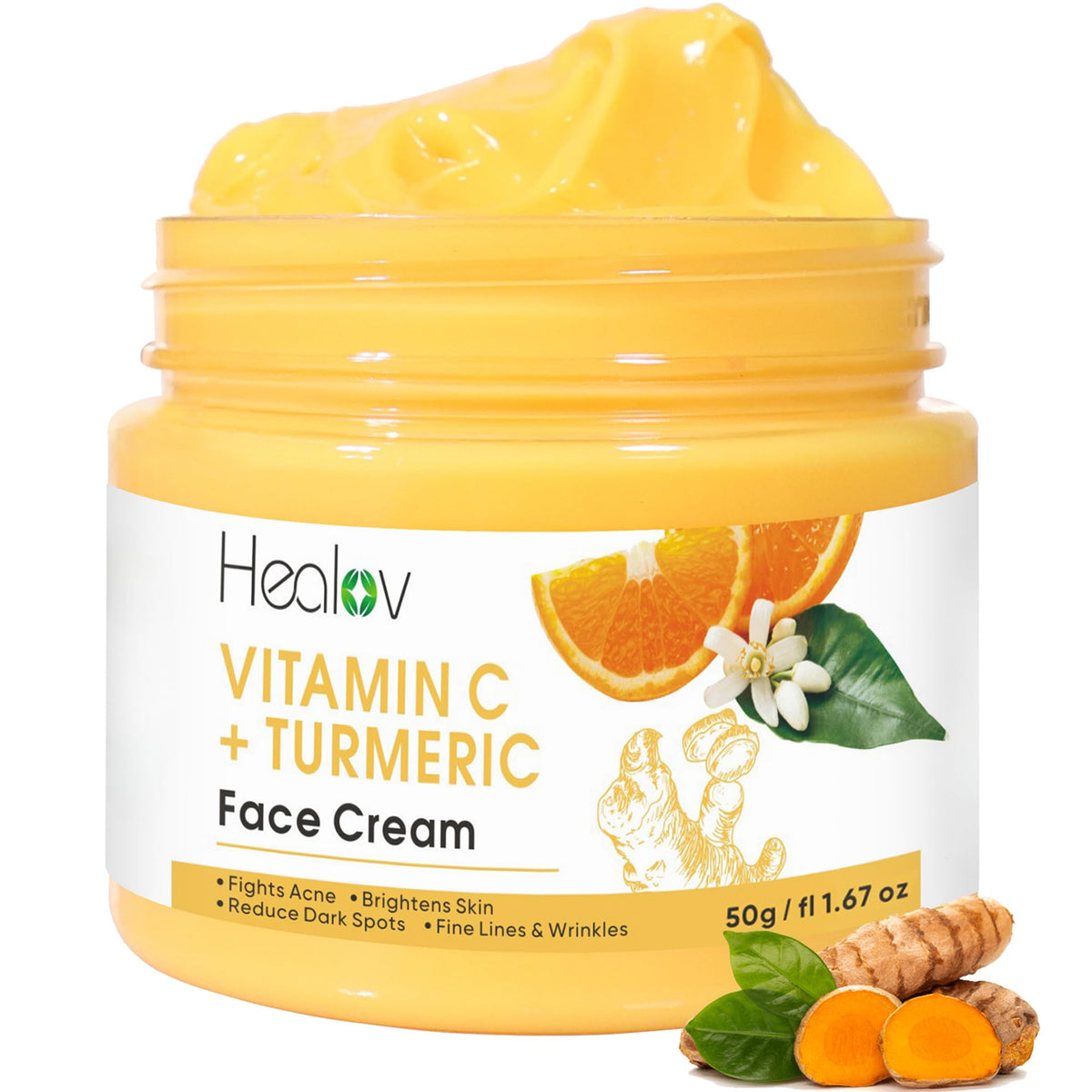 Healov crema de cúrcuma, envase visible para uso diario en rostro