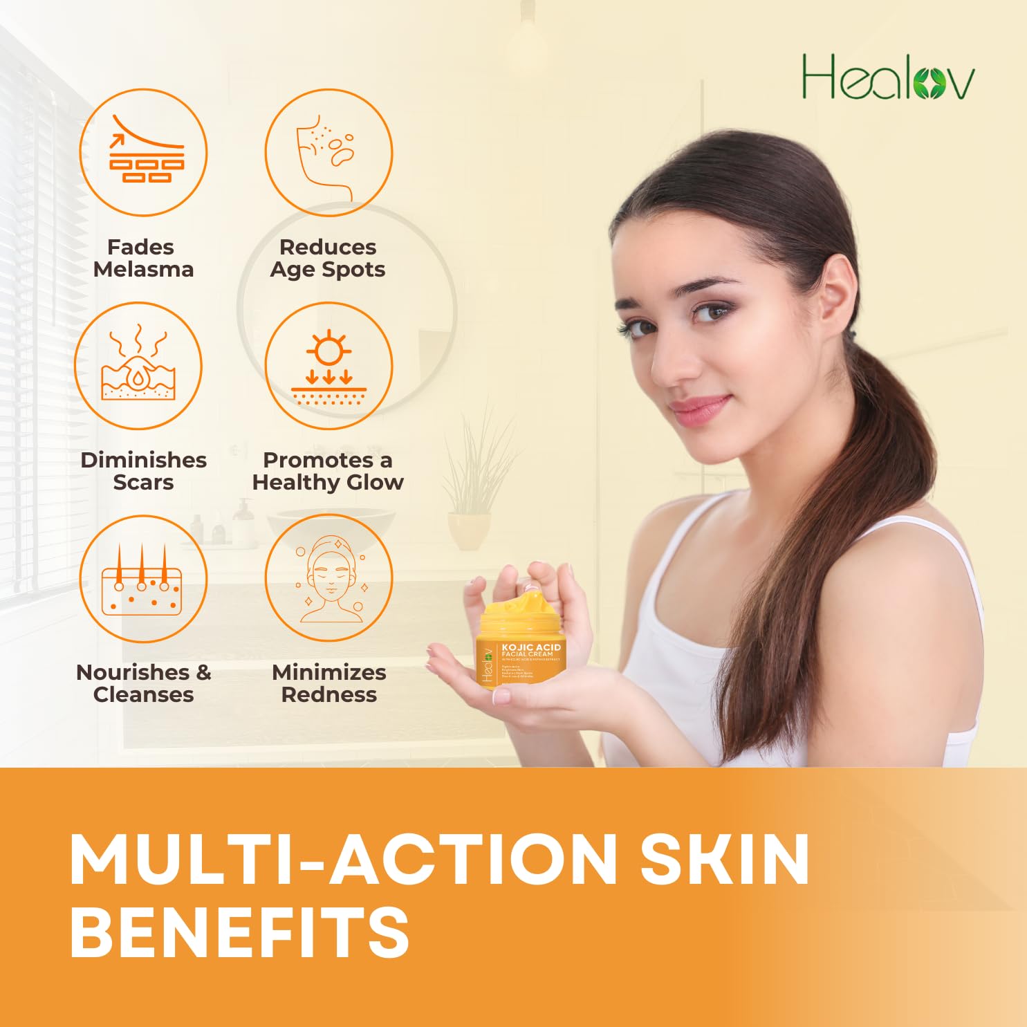 Healov Kojic Acid Cream on the face for radiant skin