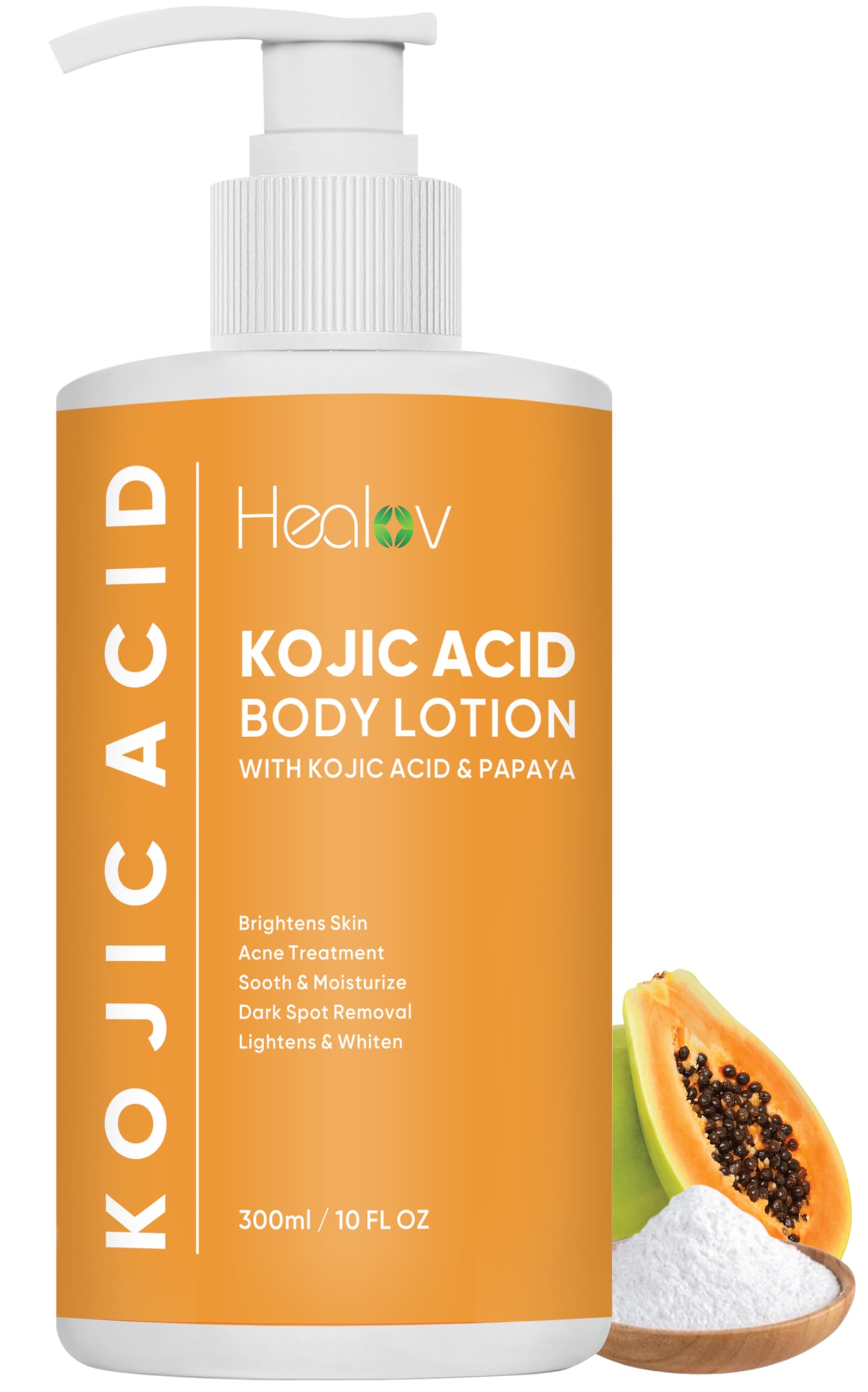 Healov Kojic Acid Lotion, bote frontal, ilumina tono uniforme de la piel.