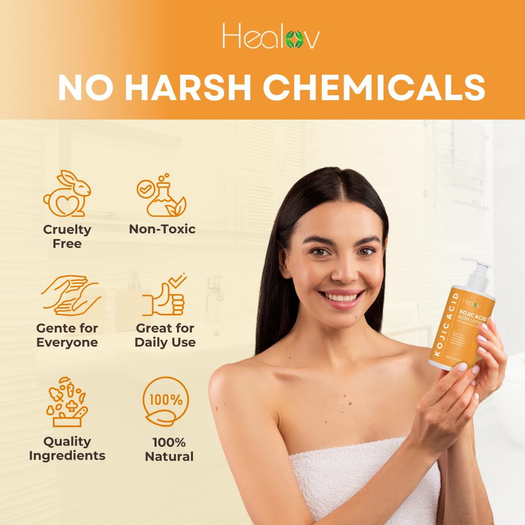 Healov Kojic Acid Lotion, empaque diseño moderno para cuidado diario.