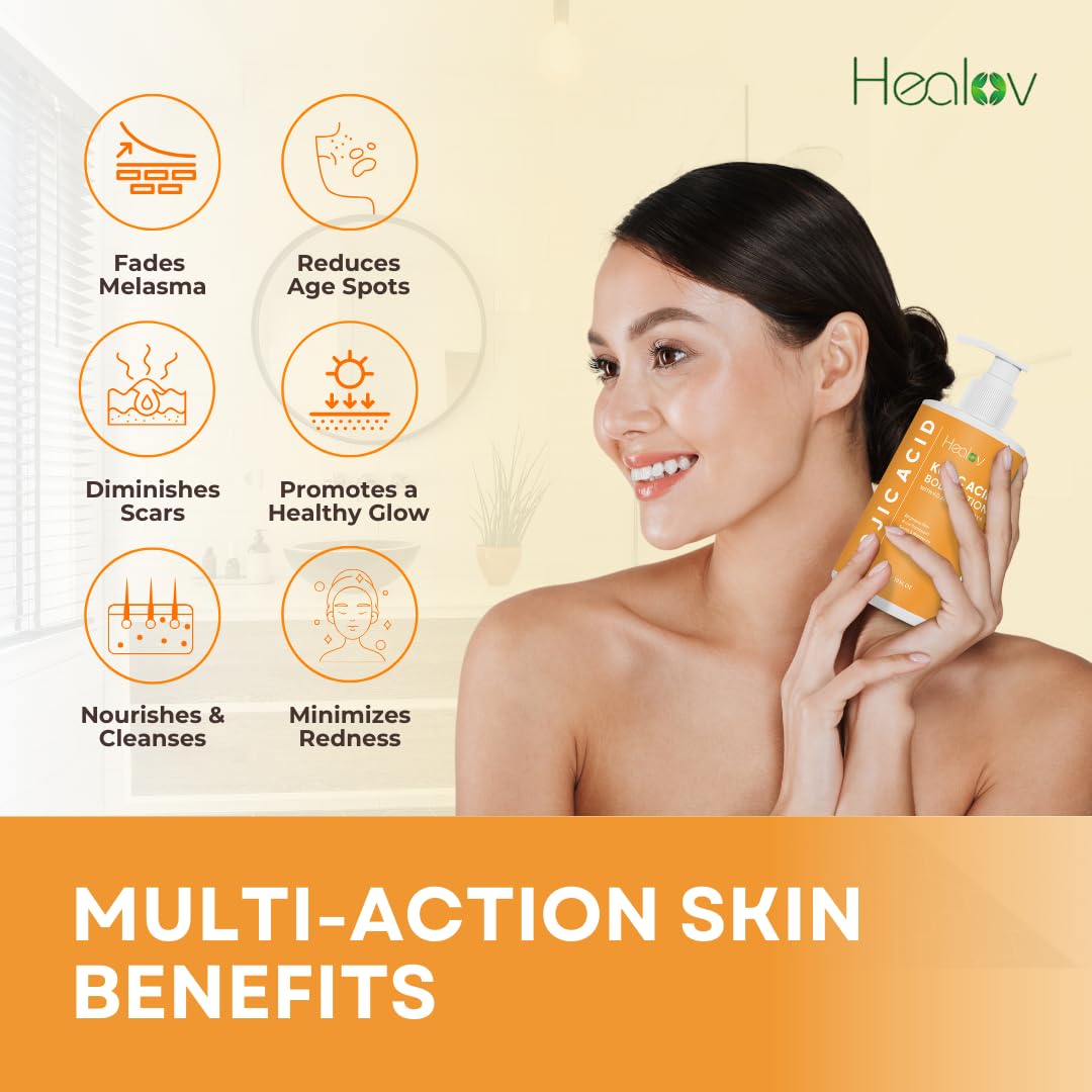 Healov Kojic Acid Lotion, textura crema, hidratación suave para piel más lisa.