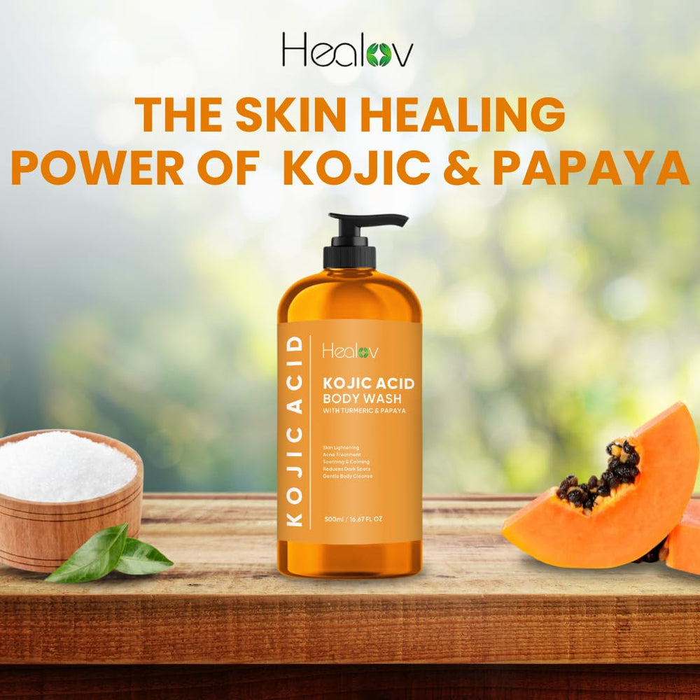 Healov Kojic Acid Soap etiqueta natural, composición limpia y segura.