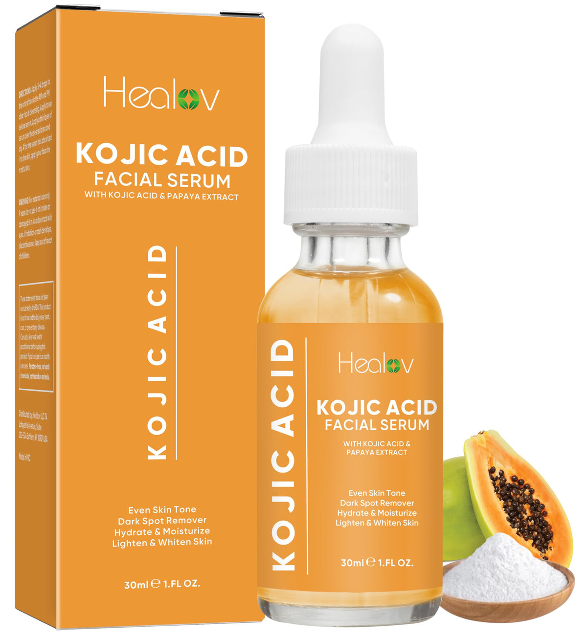 Healov Kojico Serum: botella elegante para uso diario que ilumina tono de piel.