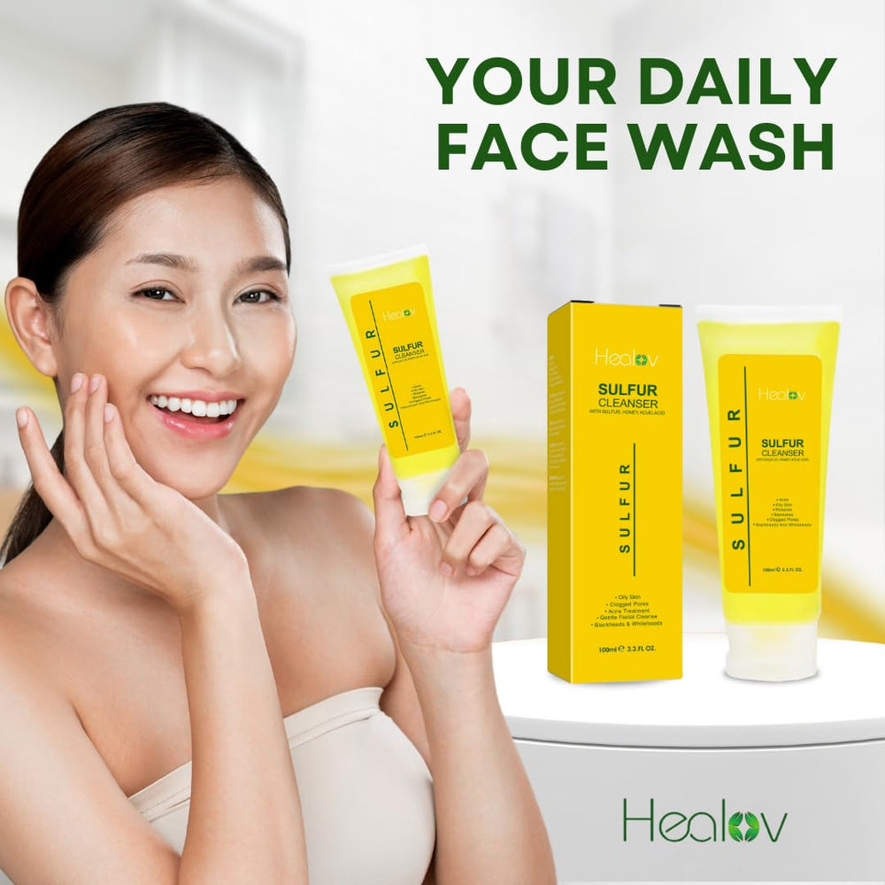 Healov sulfur cleanser lather close-up demonstrates pore-cleaning action