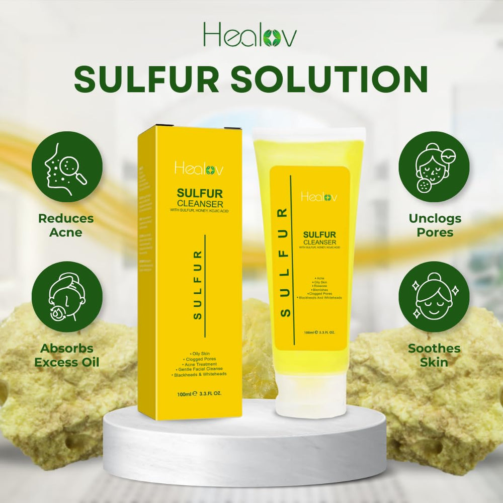 Healov sulfur soap stand diagonal view evokes simple skincare routine
