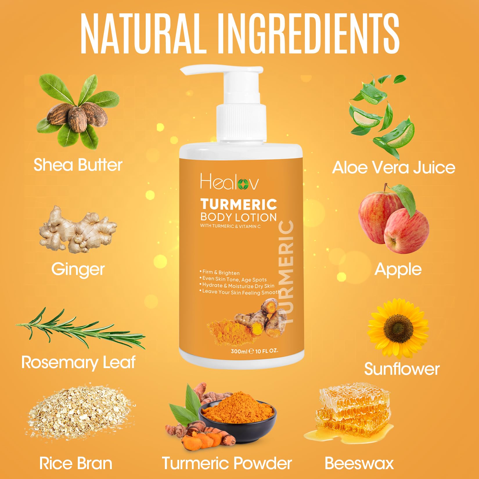 Healov Turmeric Lotion ingredients highlighting essential oils for moisture