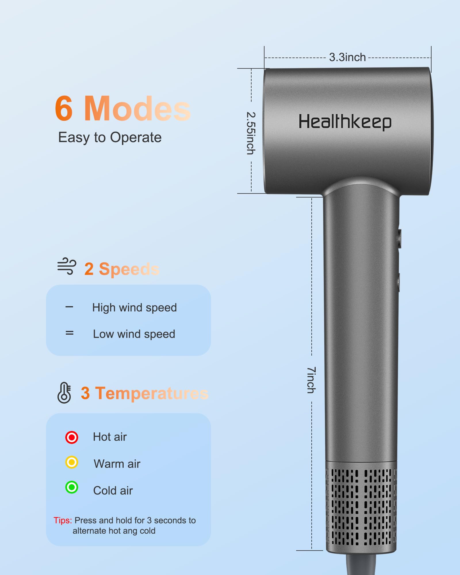 Healthkeep Hair Dryer shows 110,000 RPM air speed for rapid drying.