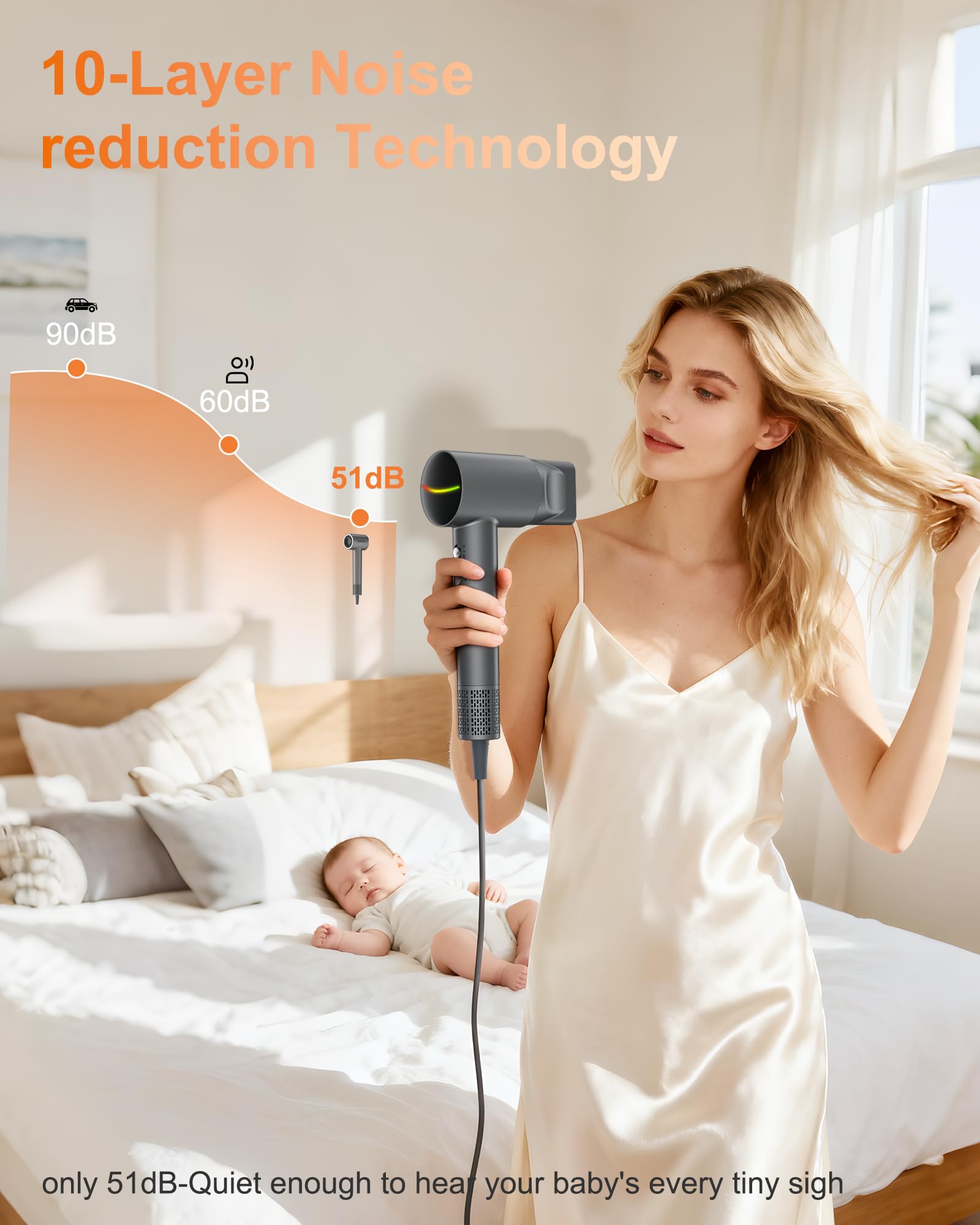 Healthkeep Hair Dryer whisper-quiet operation conveys calm styling experience.