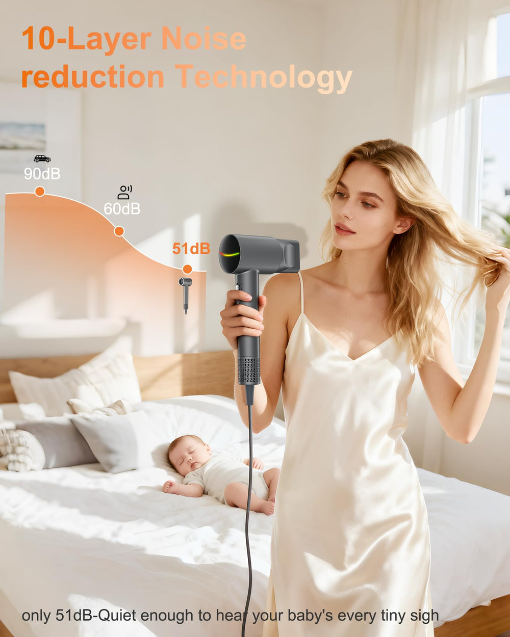 Healthkeep Hair Dryer whisper-quiet operation conveys calm styling experience.