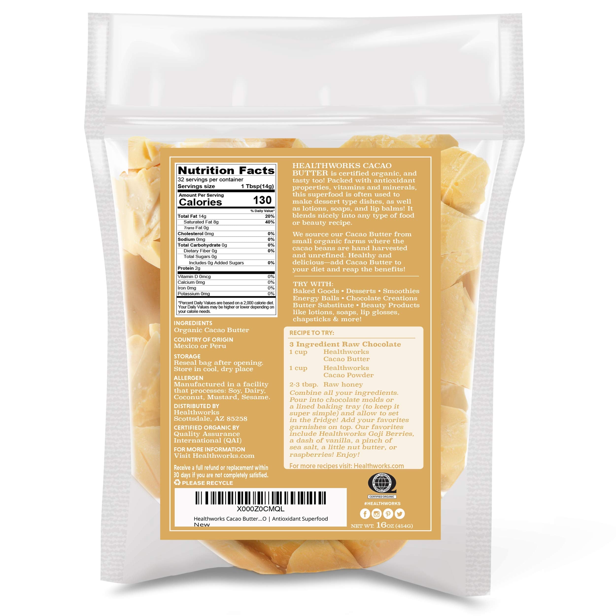 Healthworks cacao butter Peru origin beans with sustainability