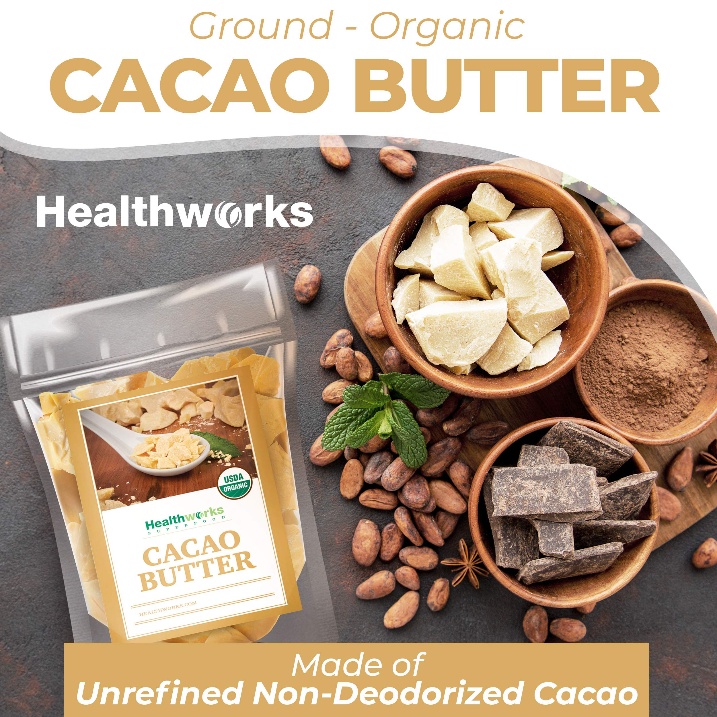 Healthworks raw unrefined cacao butter preserves aroma and nutrients