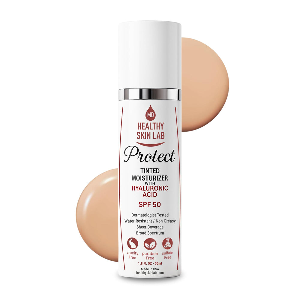 Healthy Skin Lab Protect tinted moisturizer bottle front with SPF 50 and sheer tint.