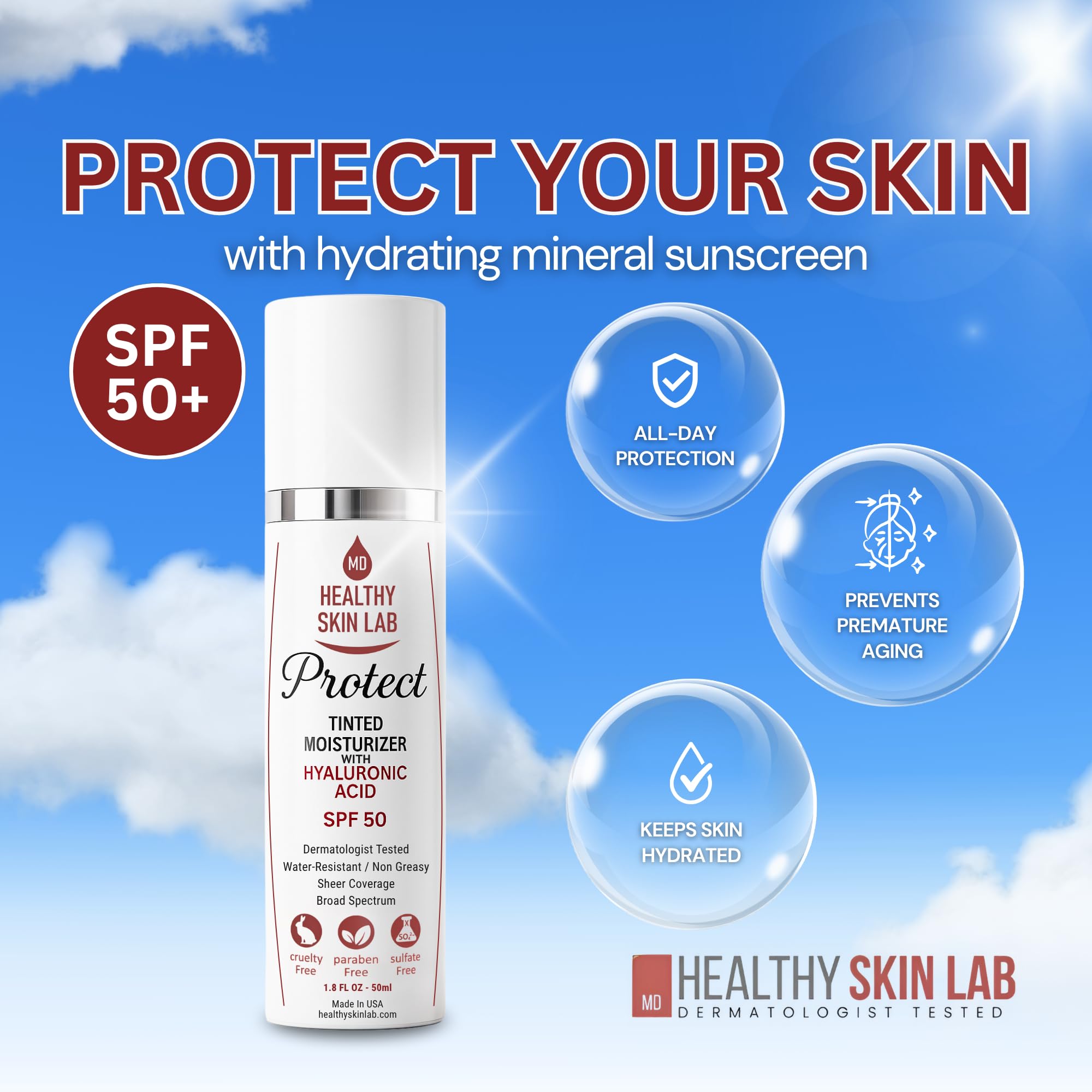 Healthy Skin Lab Protect bottle close-up highlighting mineral sunscreen protection.