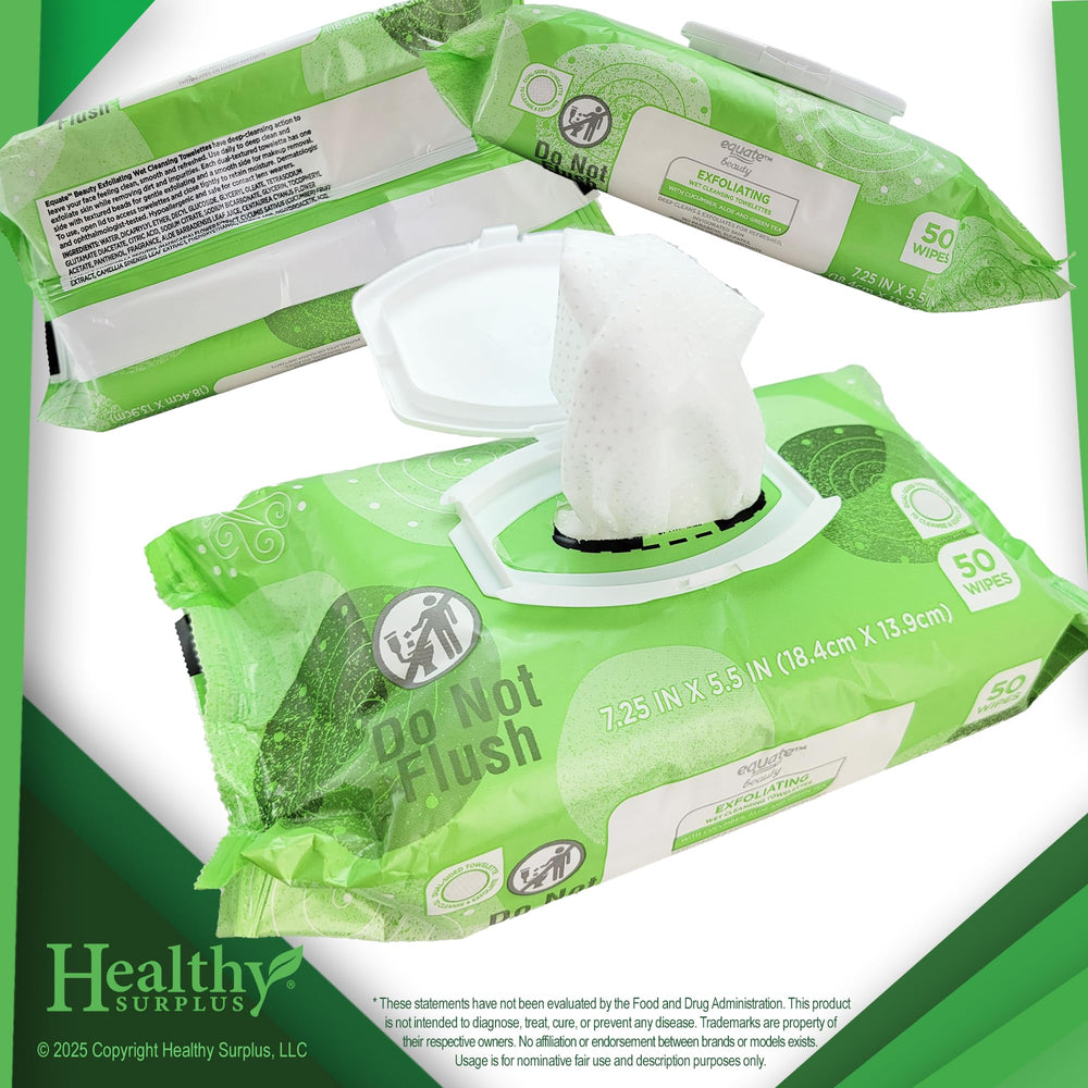 Healthy Surplus Equate toallitas exfoliantes húmedas, textura suave para limpieza facial diaria.