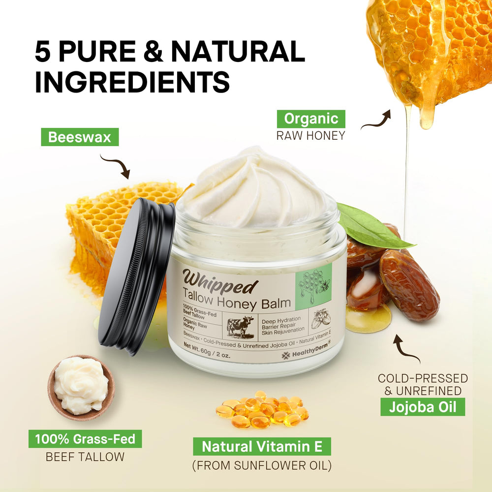 HealthyDerm frasco de 2 oz, bálsamo orgánico con miel y jojoba para piel sensible.