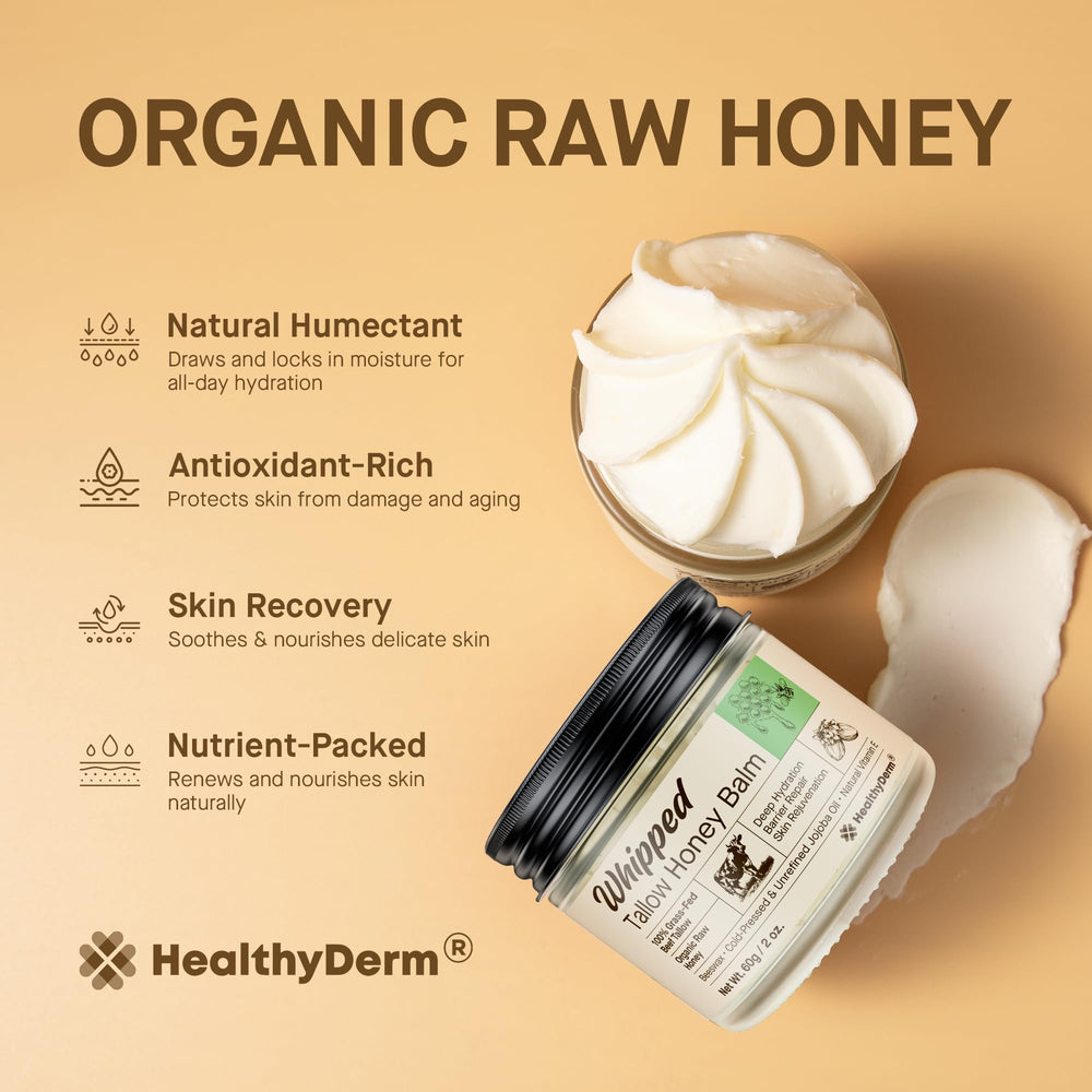 HealthyDerm bálsamo de sebo de res con miel, mantiene hidratación natural.