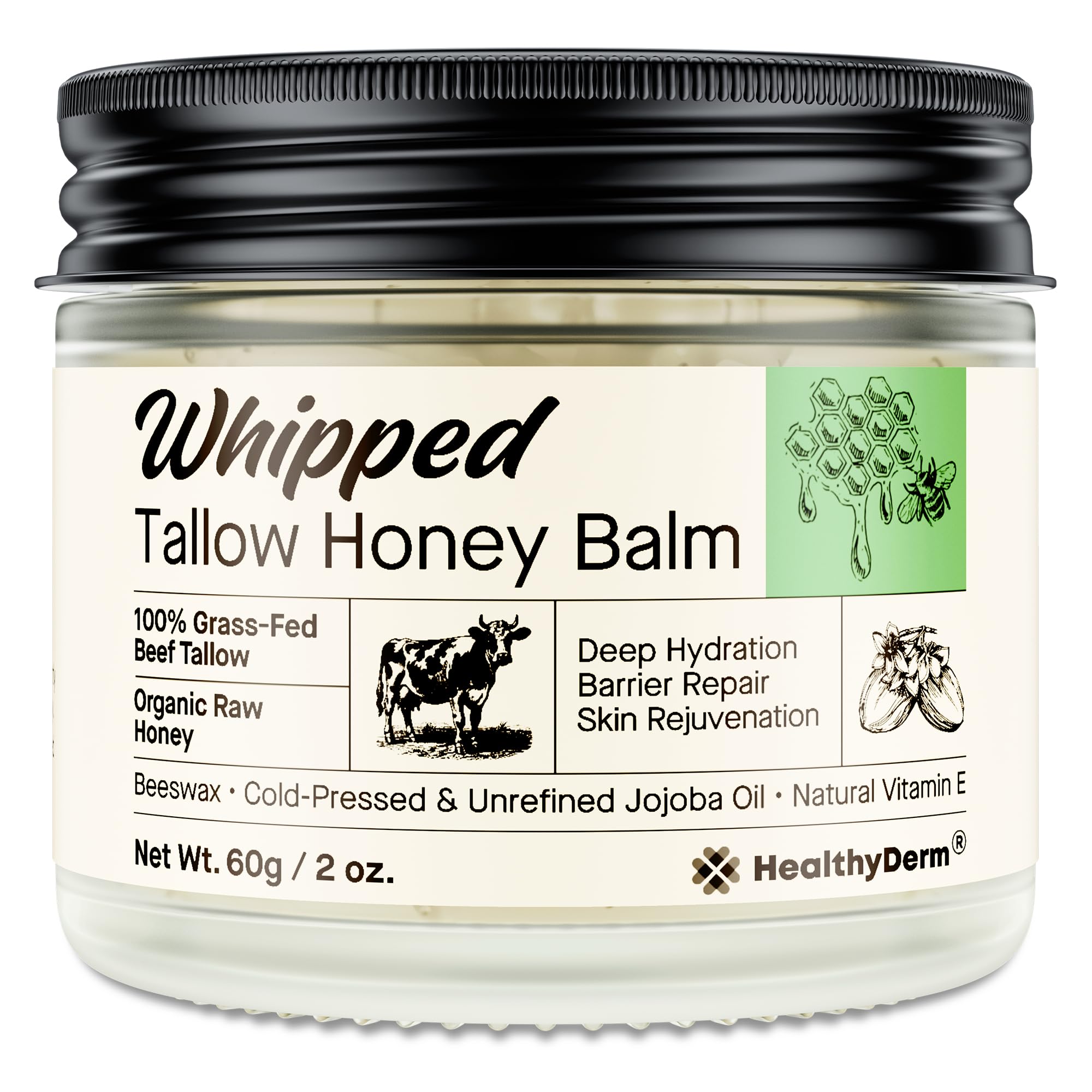 HealthyDerm bálsamo de sebo de res con miel, textura crema con absorción rápida.