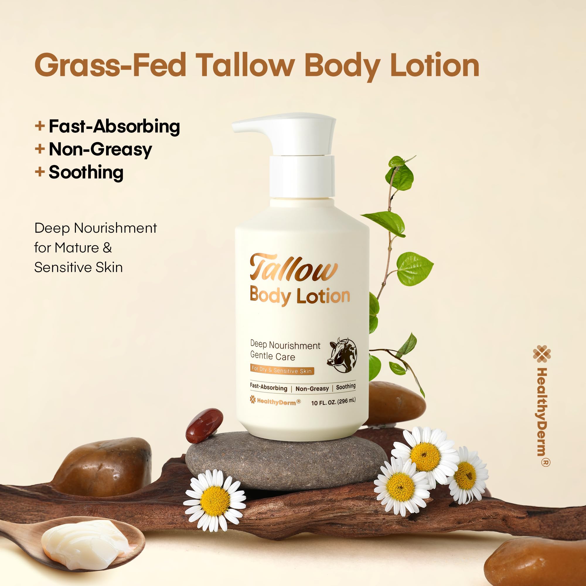 HealthyDerm crema de cuerpo tallow textura blanca que se extiende suavemente