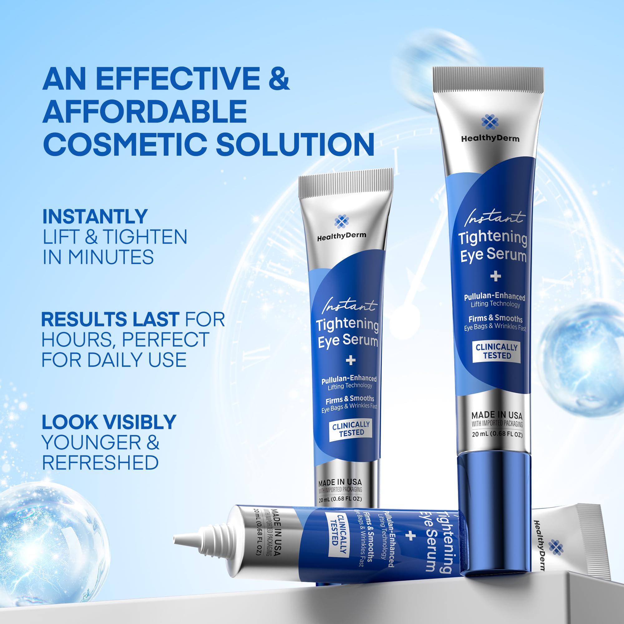 HealthyDerm Instant Eye Lift Serum application close-up showing smooth, even layer on skin.