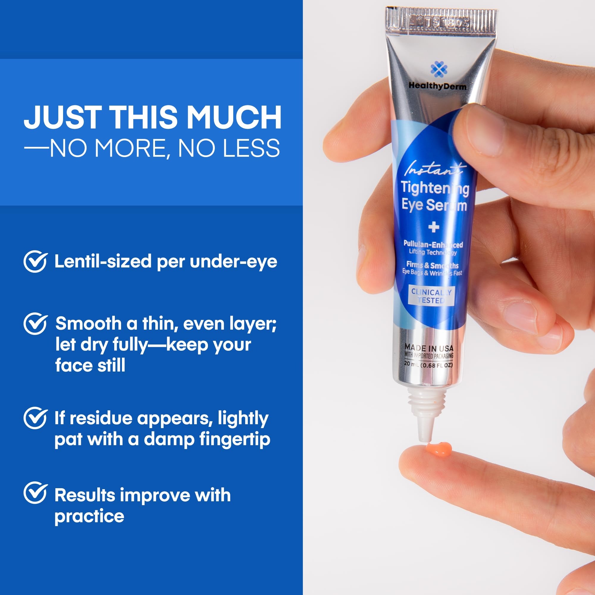 HealthyDerm Instant Eye Lift Serum applied under-eye during a morning routine.