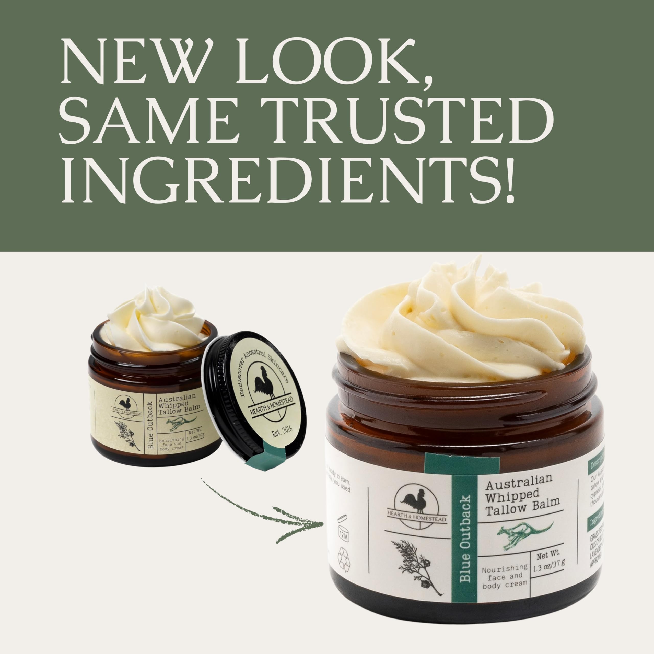 Hearth and Homestead Blue Outback Balm label emphasizes grass-fed tallow.