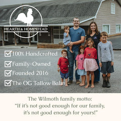Hearth and Homestead tallow balm texture closeup, rich formula for lasting skin comfort.