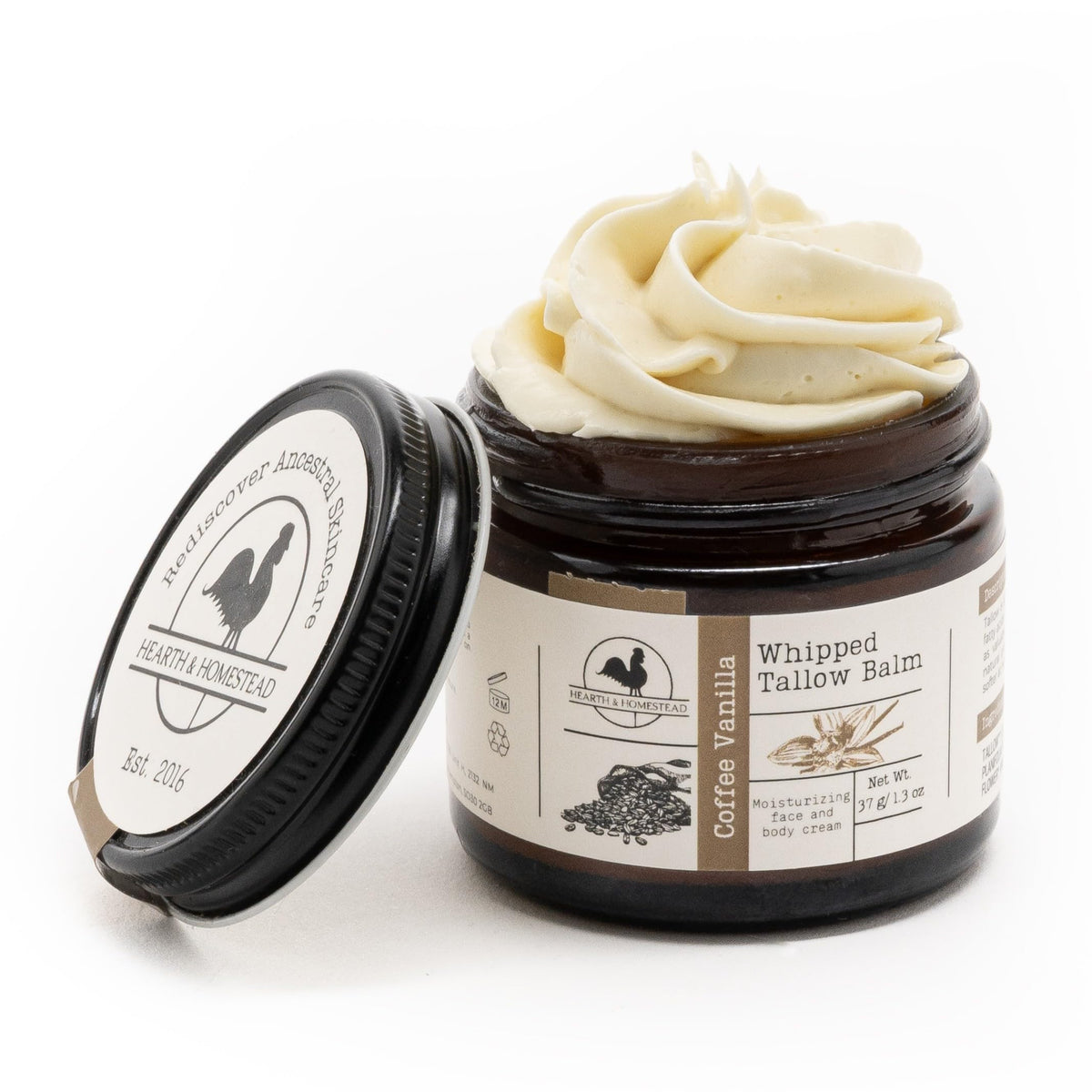 Hearth and Homestead whipped tallow balm coffee vanilla bottle, smooth daily moisturizer.