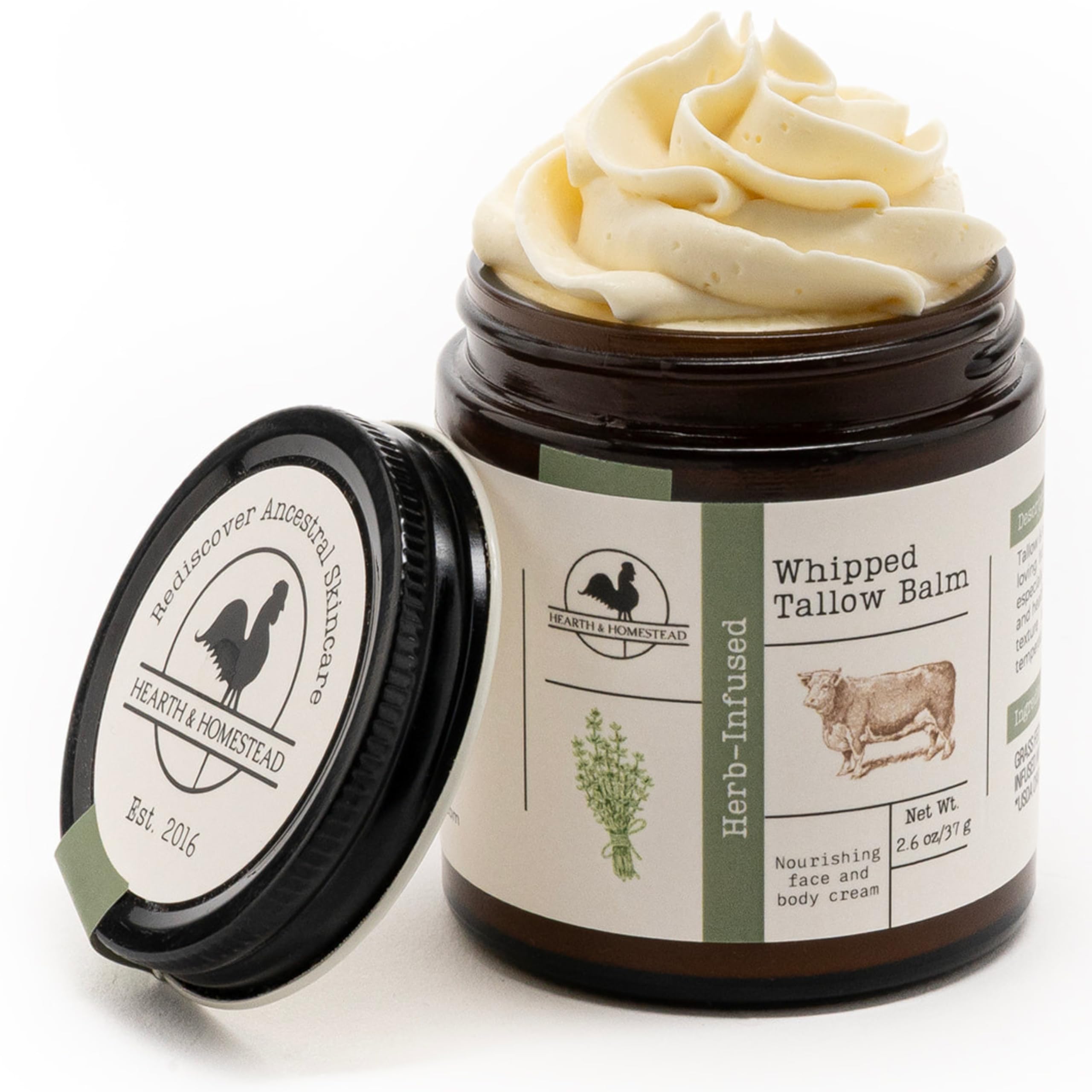 Hearth and Homestead whipped tallow balm jar shown for deep hydration.