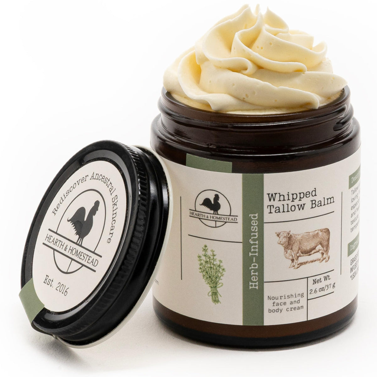 Hearth and Homestead whipped tallow balm jar shown for deep hydration.