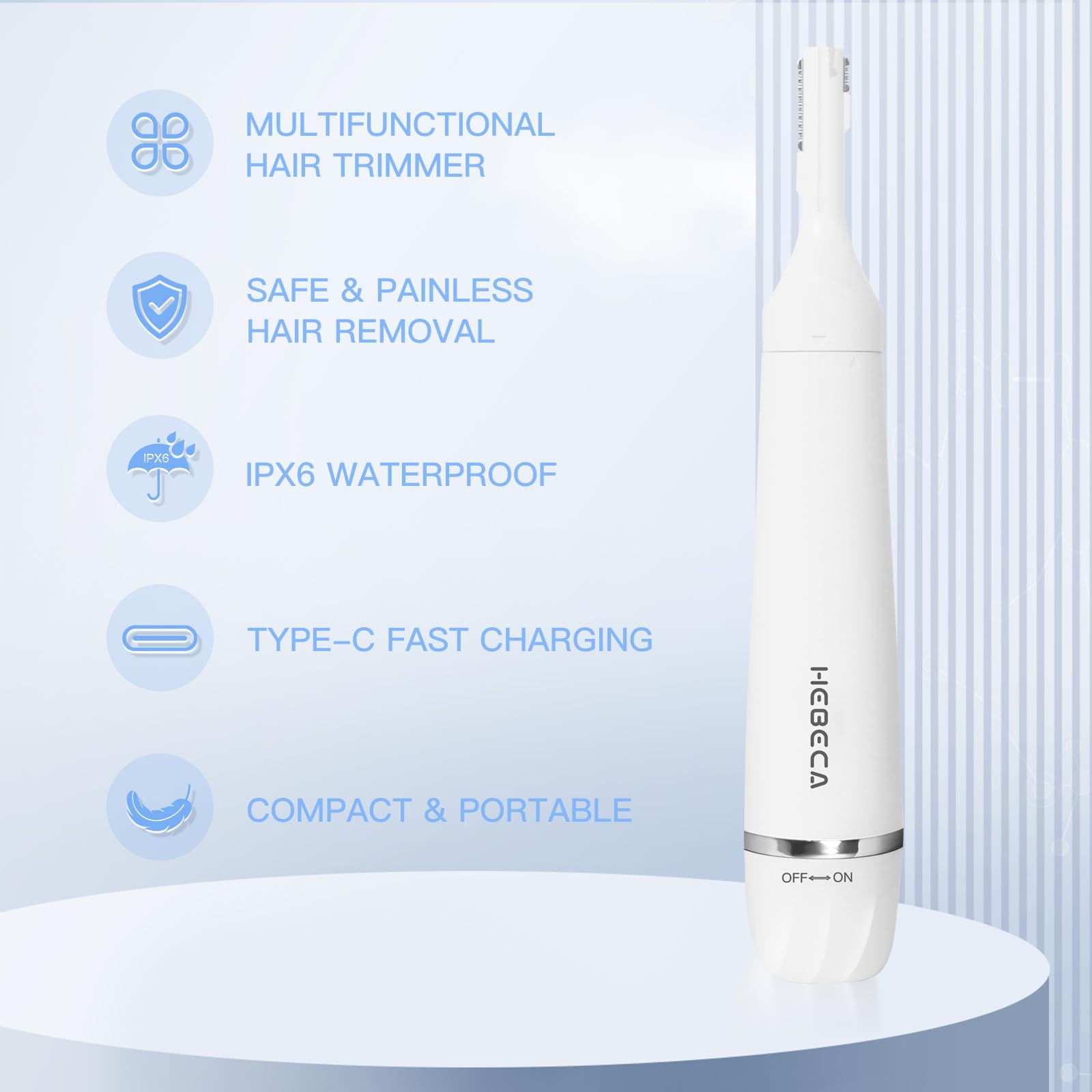 HEBECA nose and ear trimmer with dual-edge blades for safe trimming.