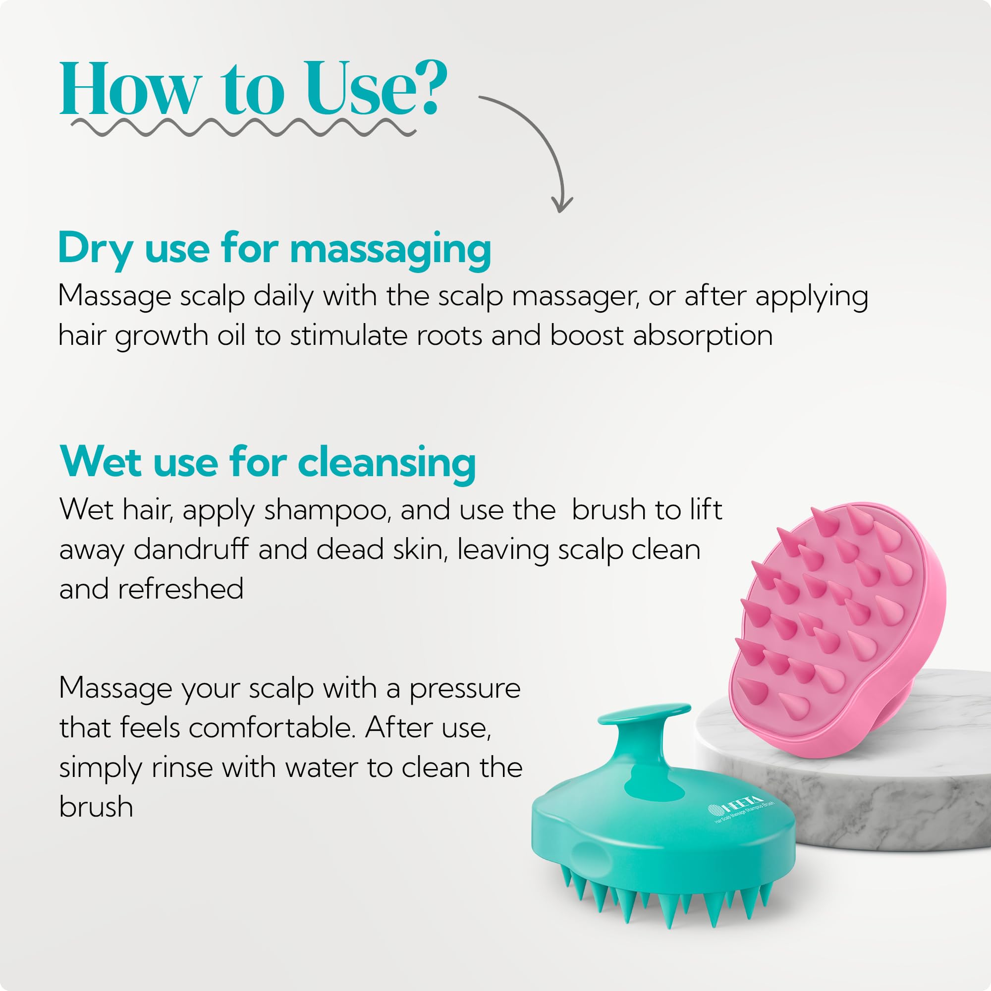 HEETA green close-up of three-length silicone bristles for gentle cleansing