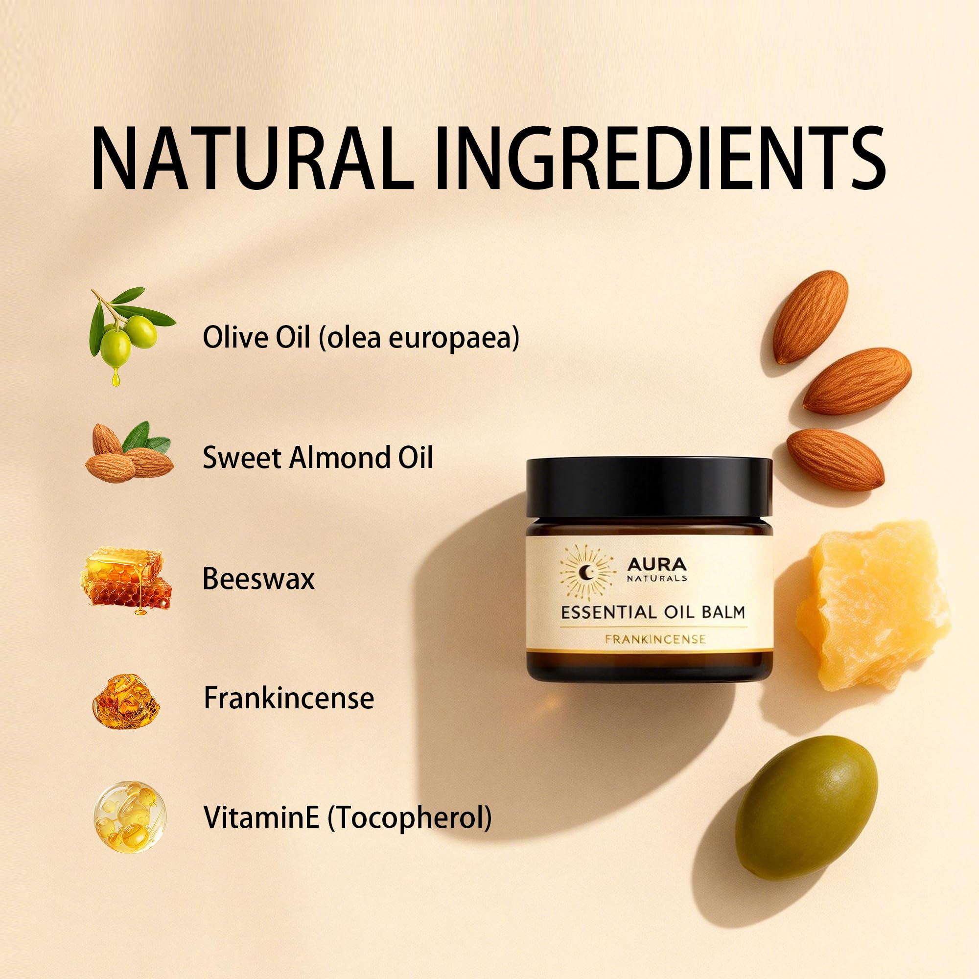 Heidelux Aura Naturals frankincense balm packaging highlights vegan formula.