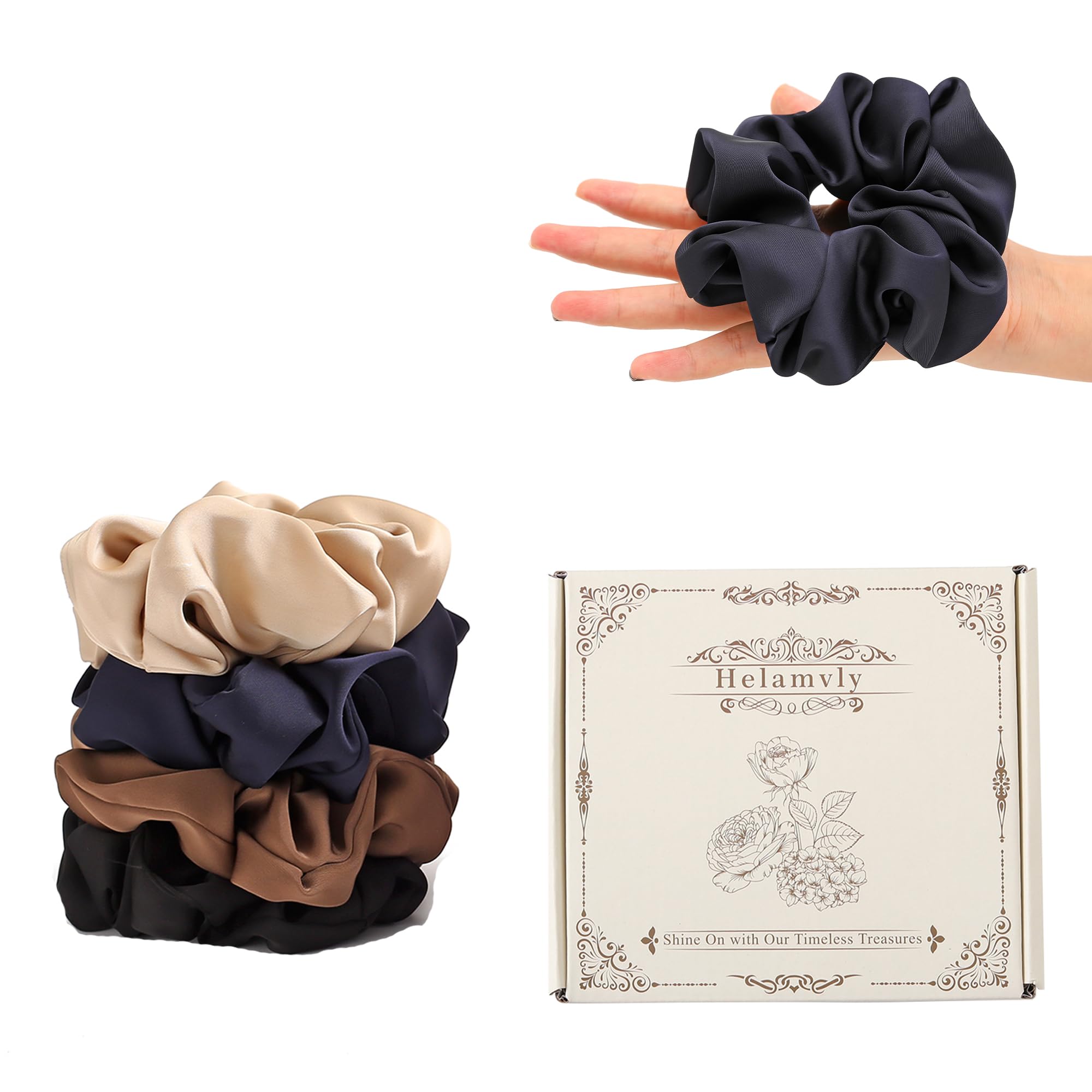 Helamvly scrunchies grandes de seda en champagne con brillo sutil.