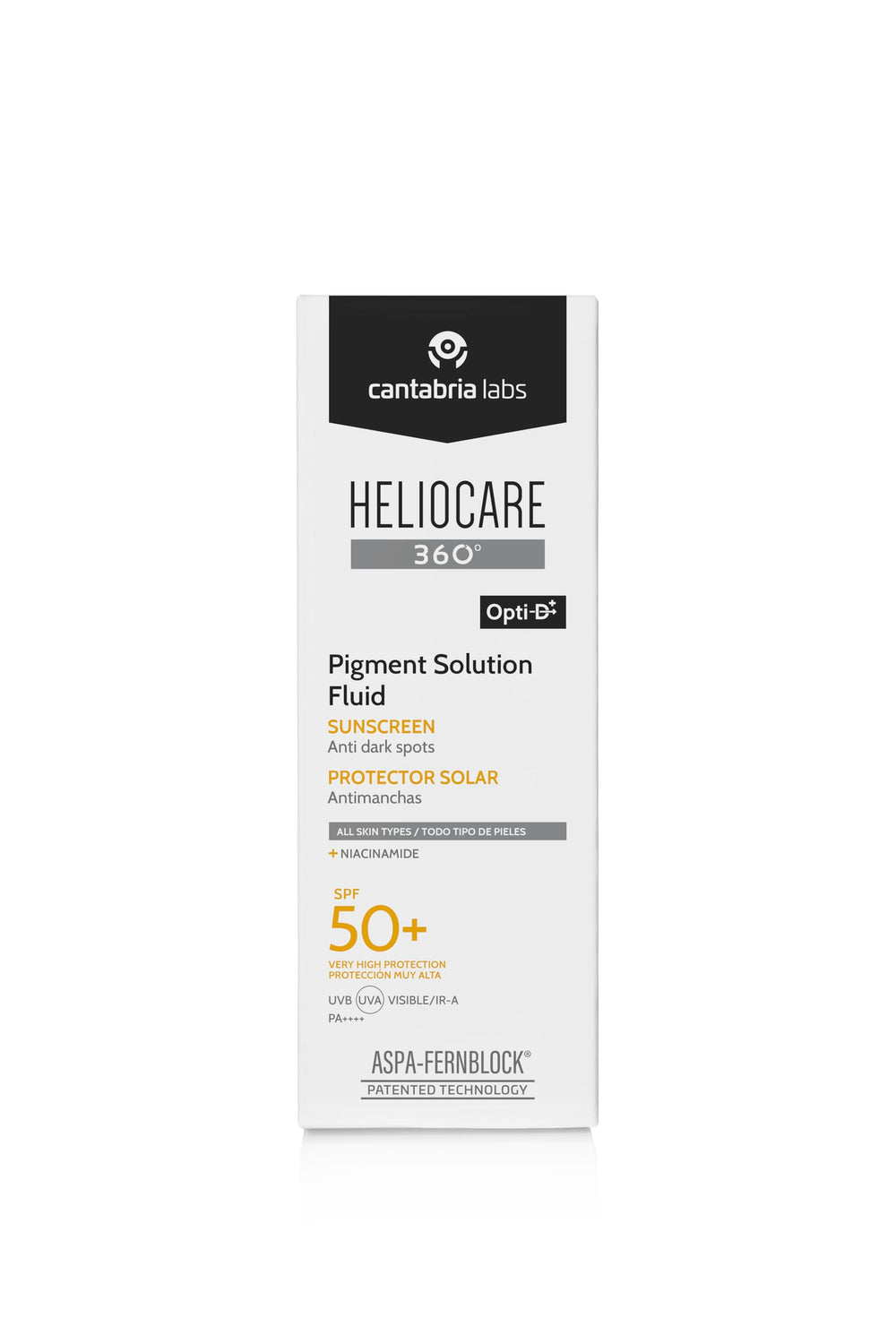 Heliocare 360 Pigment Solution Fluid SPF50 application close-up showing smooth texture.
