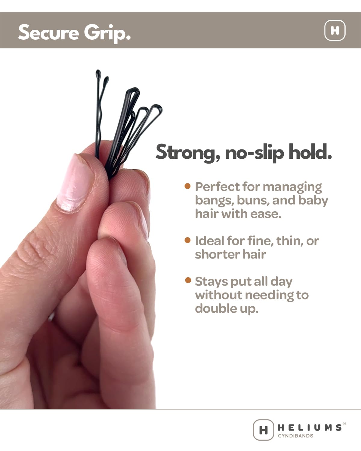 Pinza Heliums para flequillo con agarre seguro.